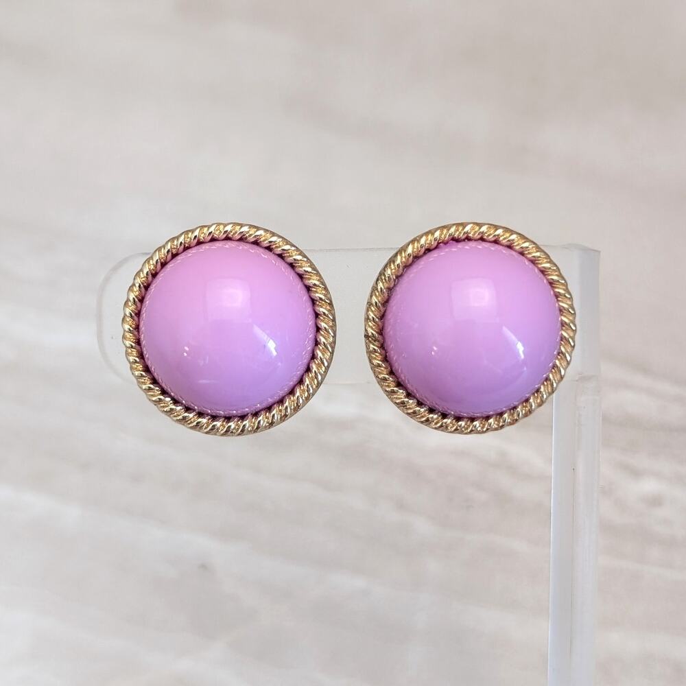Vintage Clip On Earrings Pinkish Purple Domed Circle Gold Tone Halo Large Chunky